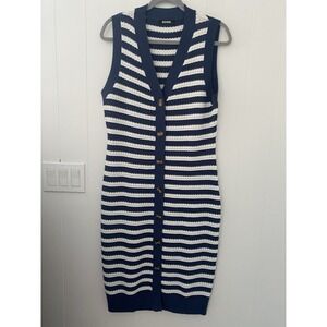 BTFBM Knit Sleeveless Button Down Sweater Dress Sz M Navy & White Coastal